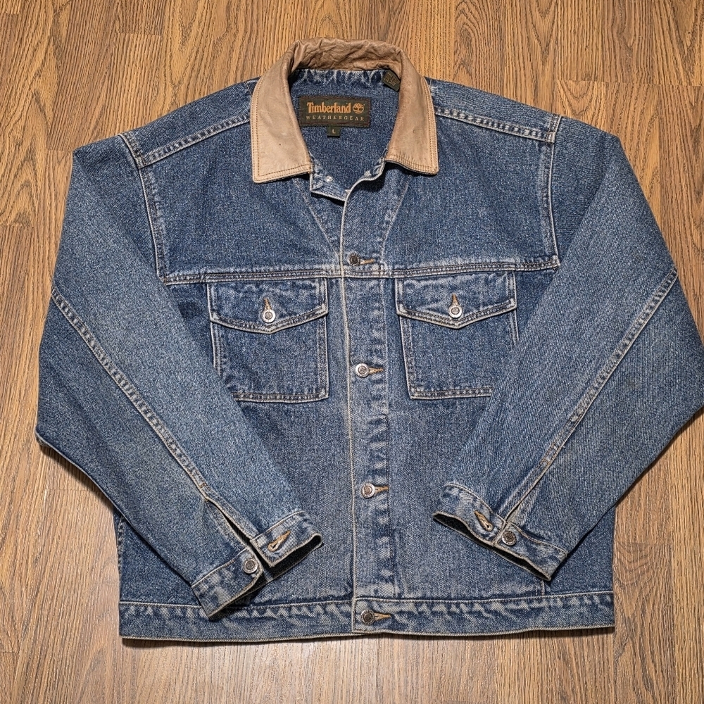 Vintage Timberland Weather gear 90s Denim Jean Jacket Mens L Rugged Workwear E16
